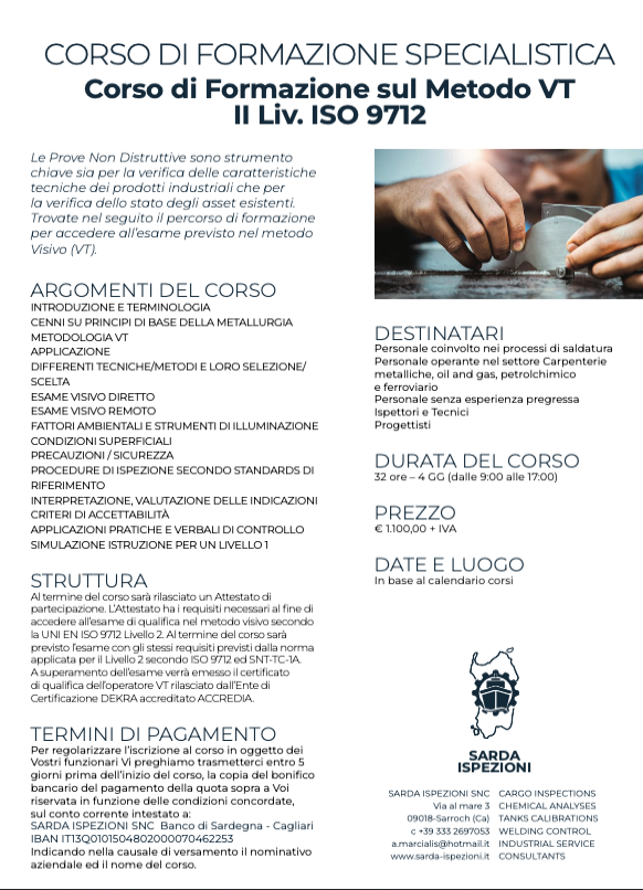 Controllo visivo VT, II livello ISO 9712 – Sarda Ispezioni, Sarroch